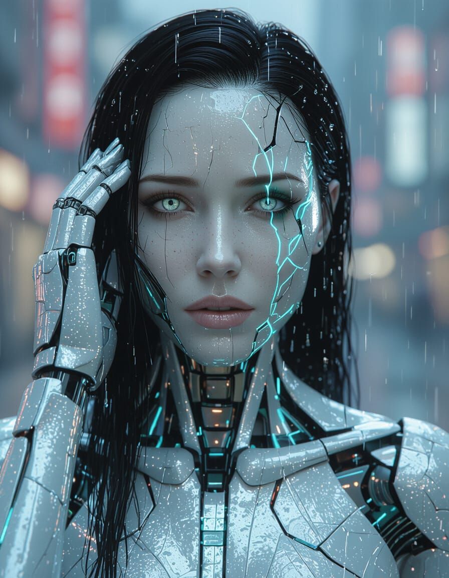 Female Replicant's Existential Crisis in Dystopian Rain