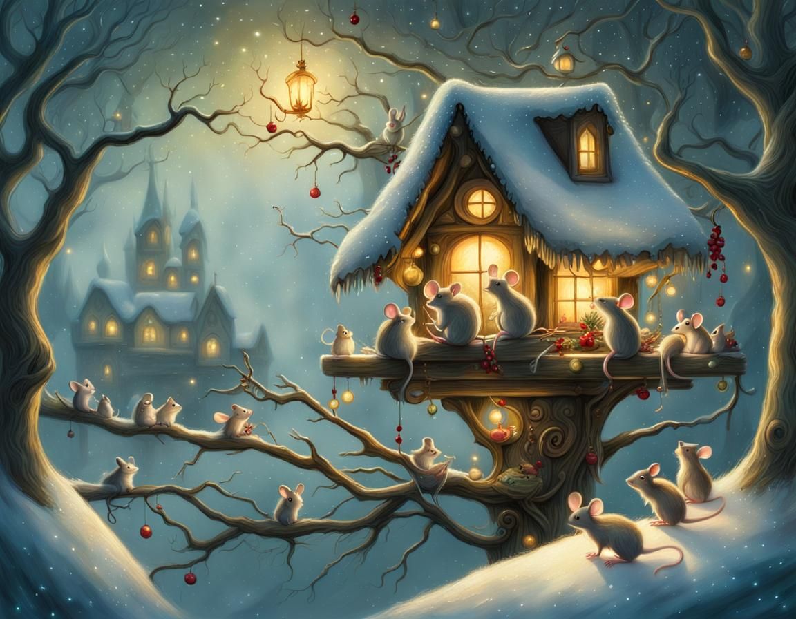 Magical Christmas Scene with Mice in Digital Art