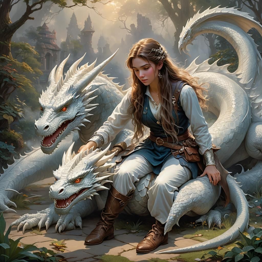 Girl Hugs Dragon in Ethereal Fantasy Style
