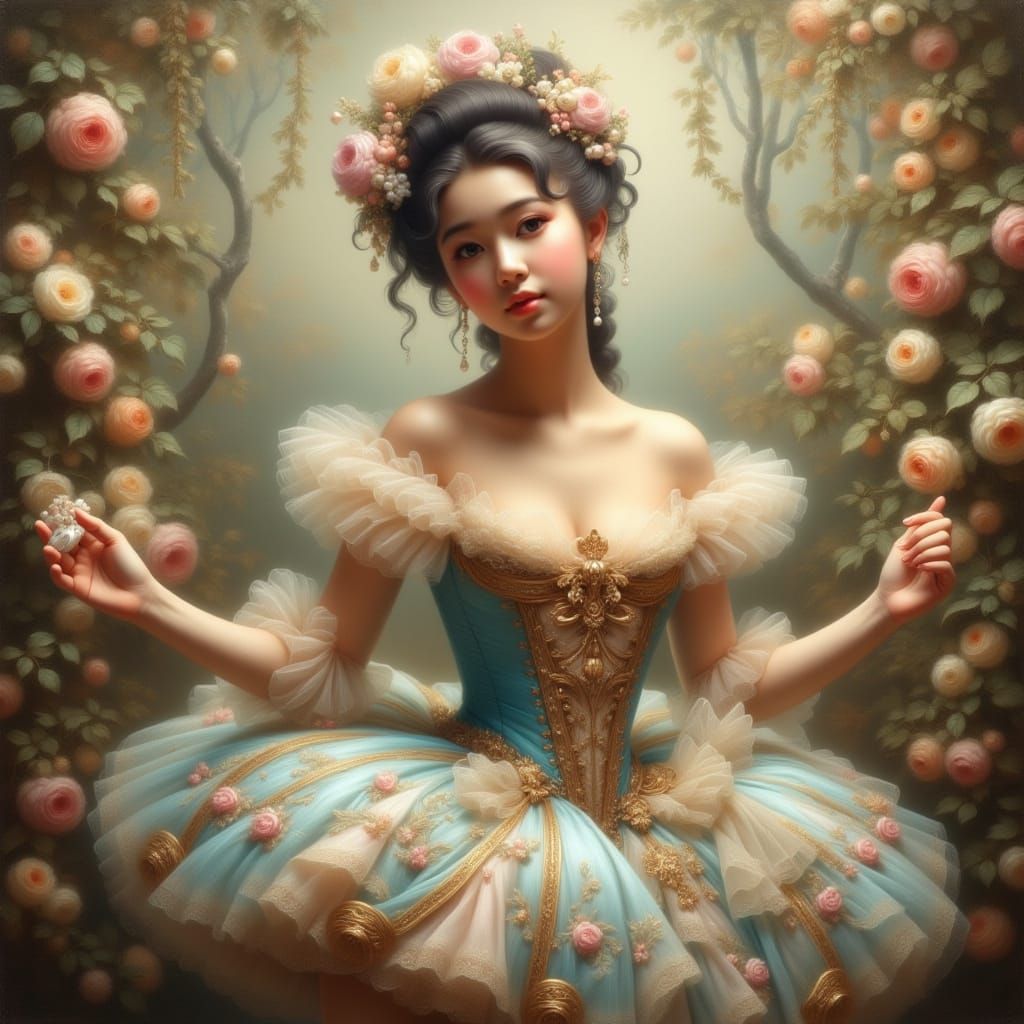 Rococo Ballerina in a Whimsical Garden