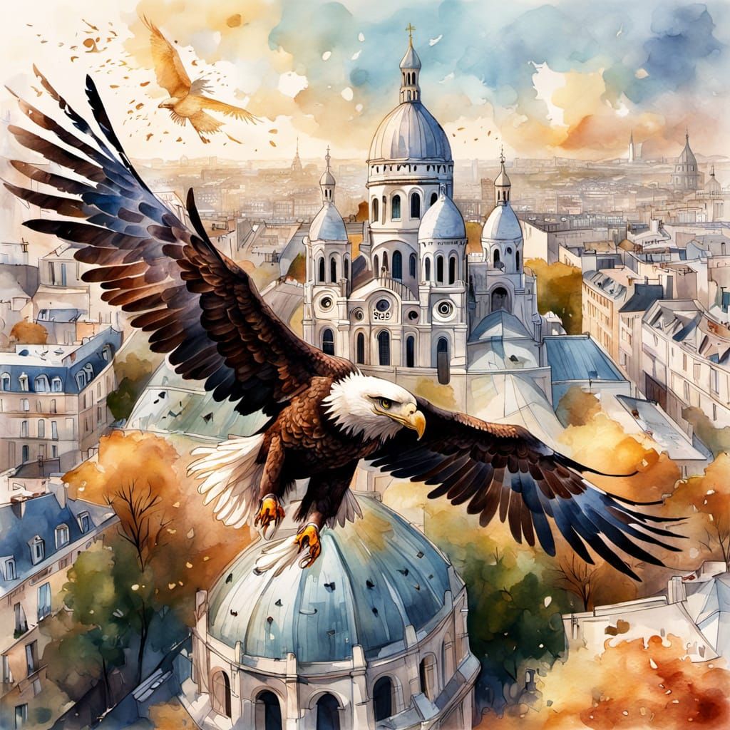 Eagle Over Montmartre Cathedral in Digital Painting Style