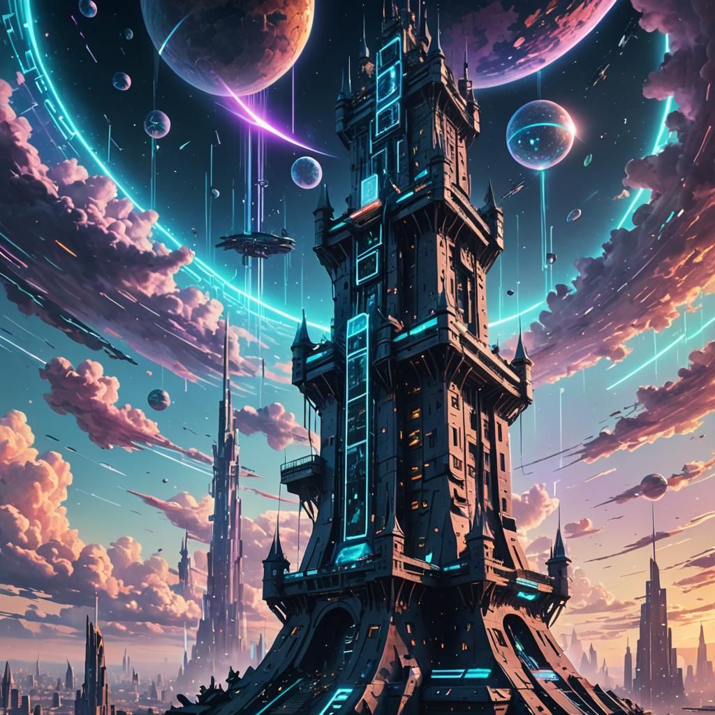 Cyberpunk Holographic Effects Around Tower