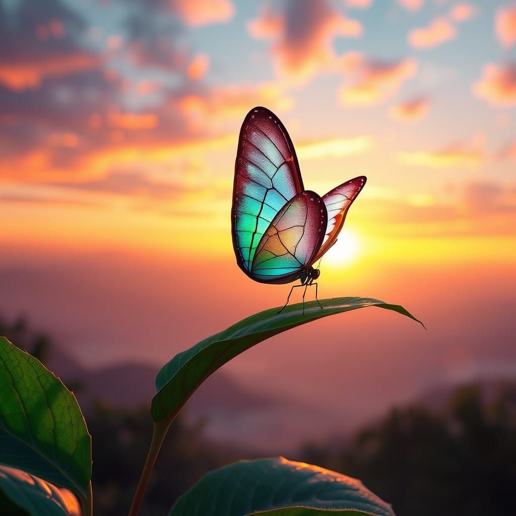 Whimsical Iridescent Butterfly in Vibrant Sunset