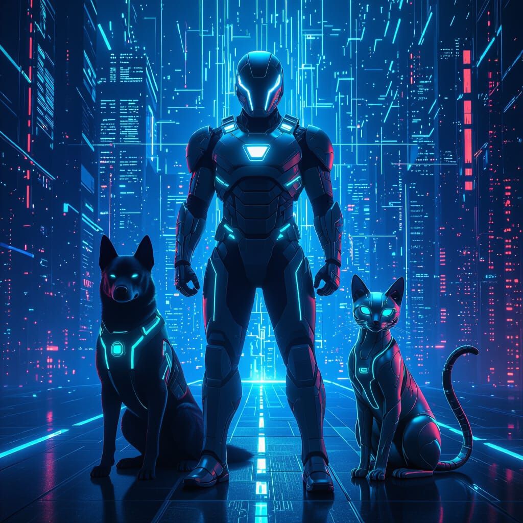 Superhero in Neon Armor in Digital Cityscape