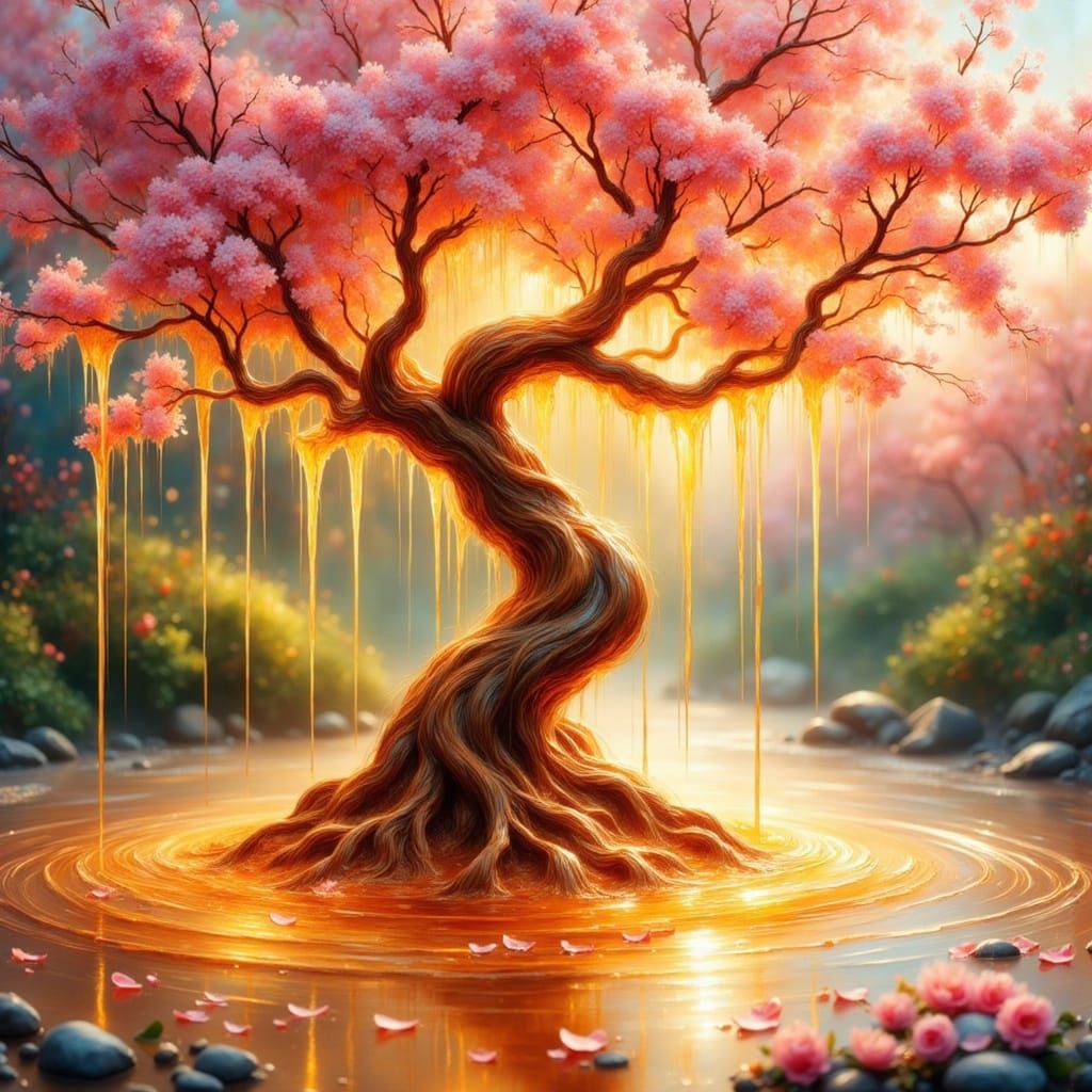 Honey Cherry Blossom Tree in Golden Hour Garden