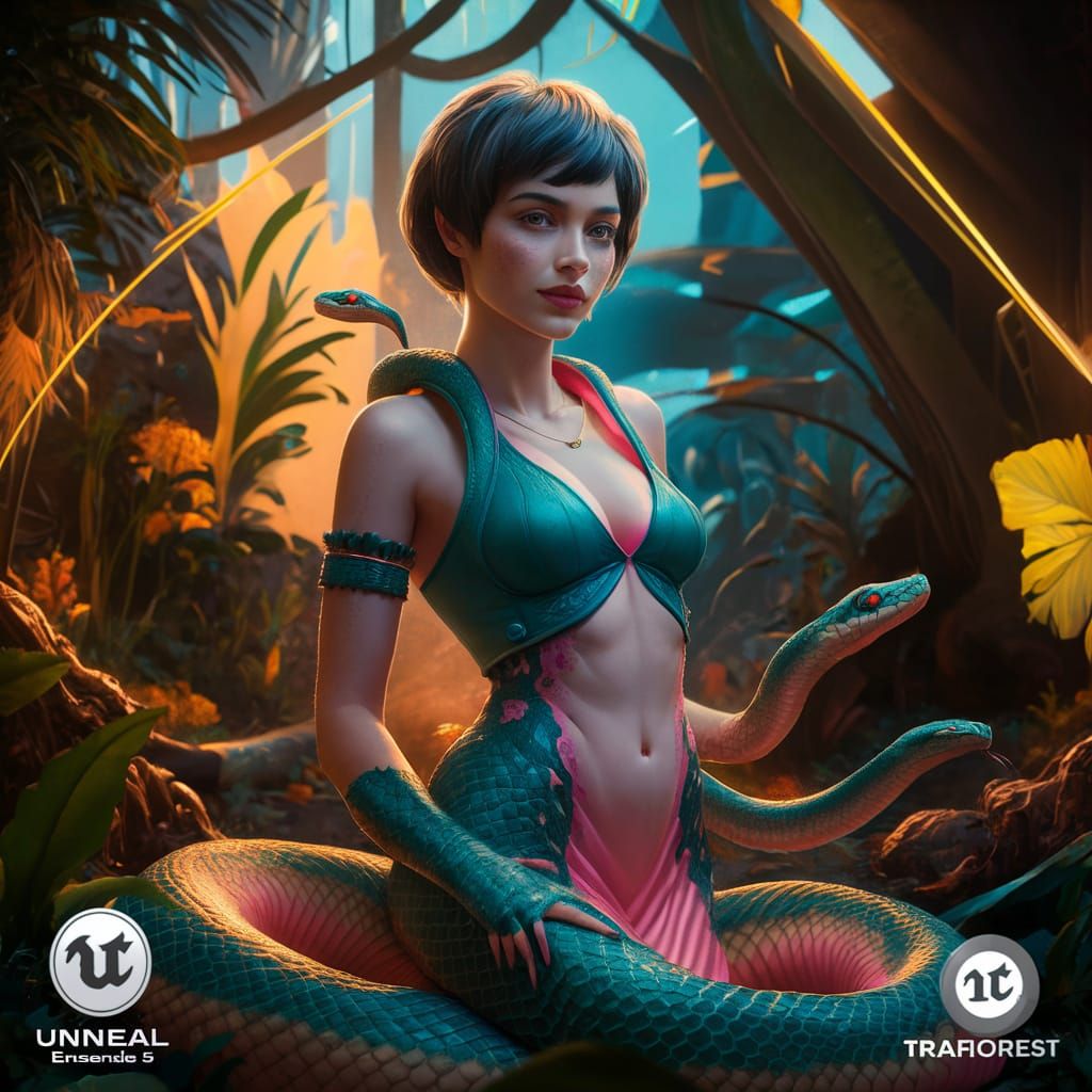 Snake-Woman Portrait in Rainforest, Detailed Concept Art