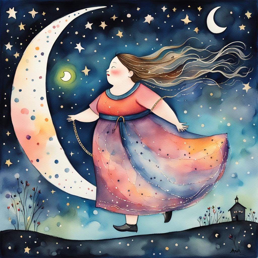 Girl Walking Moon: Whimsical Watercolor Art