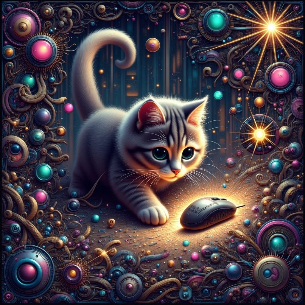 Cat Pounces on Glowing Mouse in Futuristic Cityscape