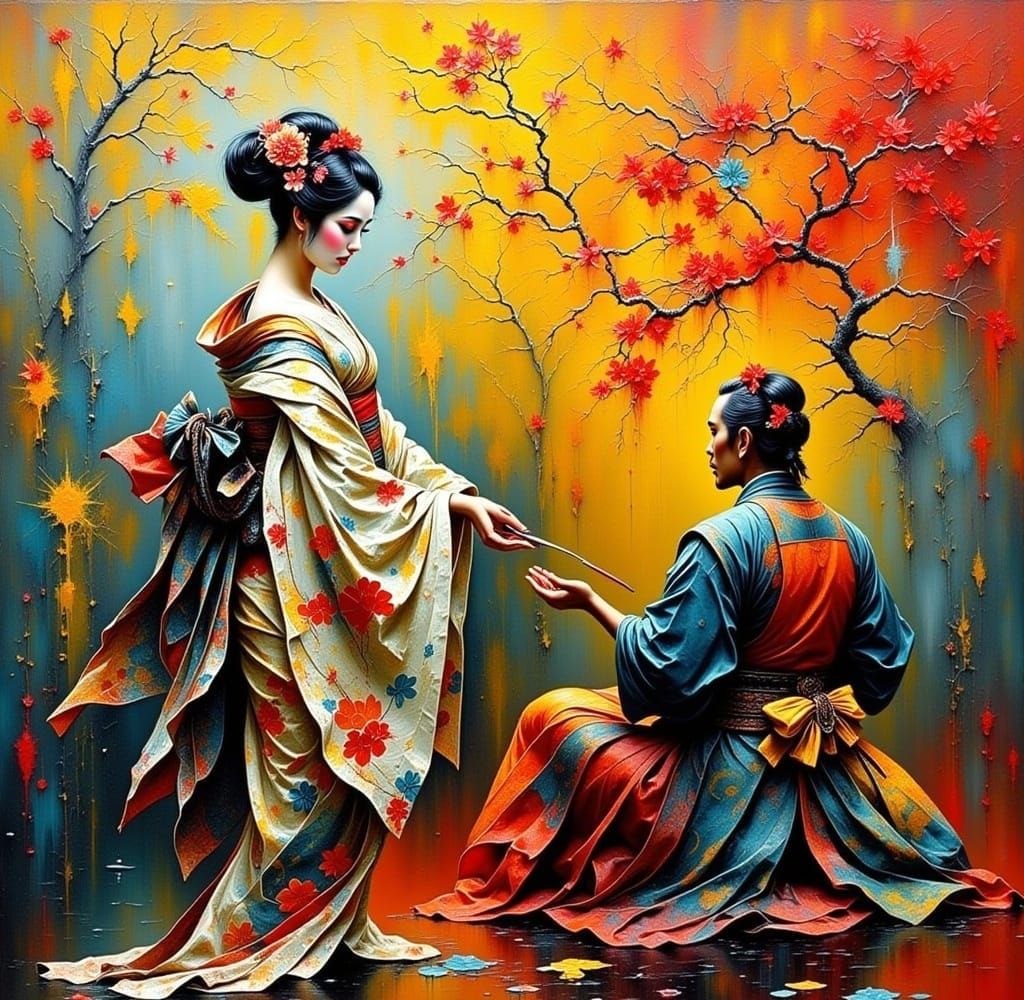 Geisha Dances for Samurai: Impasto Oil Painting