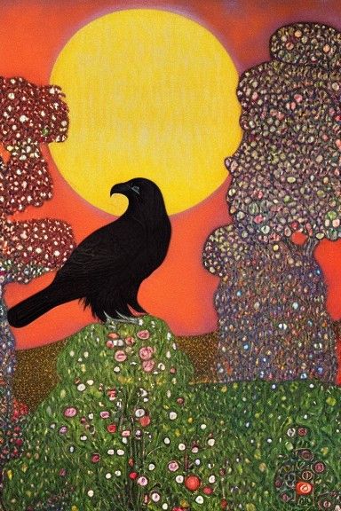 Raven and Dove in Klimt-Inspired Sunset Painting