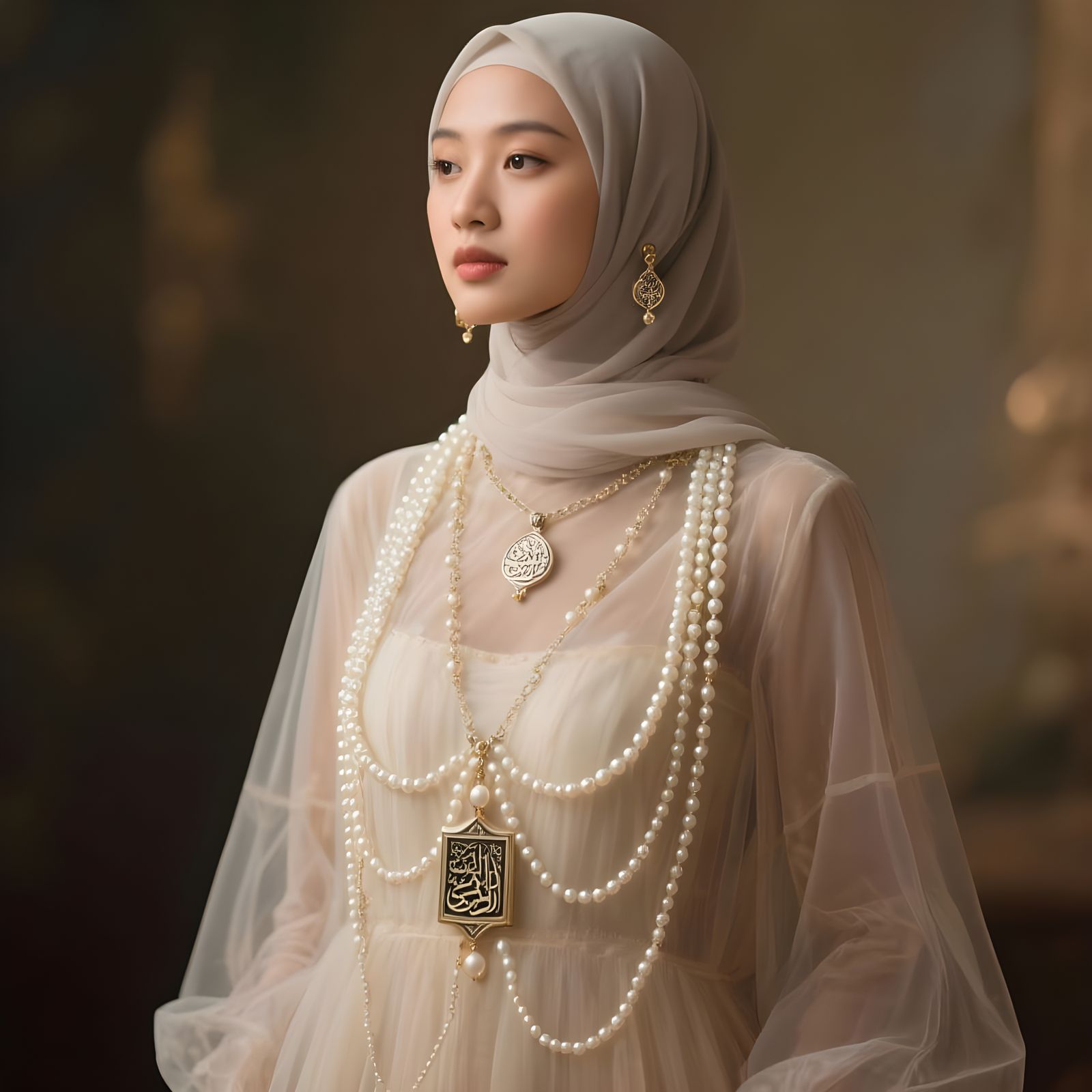 Elegant Asian Woman in Hijab with Pearl Chain