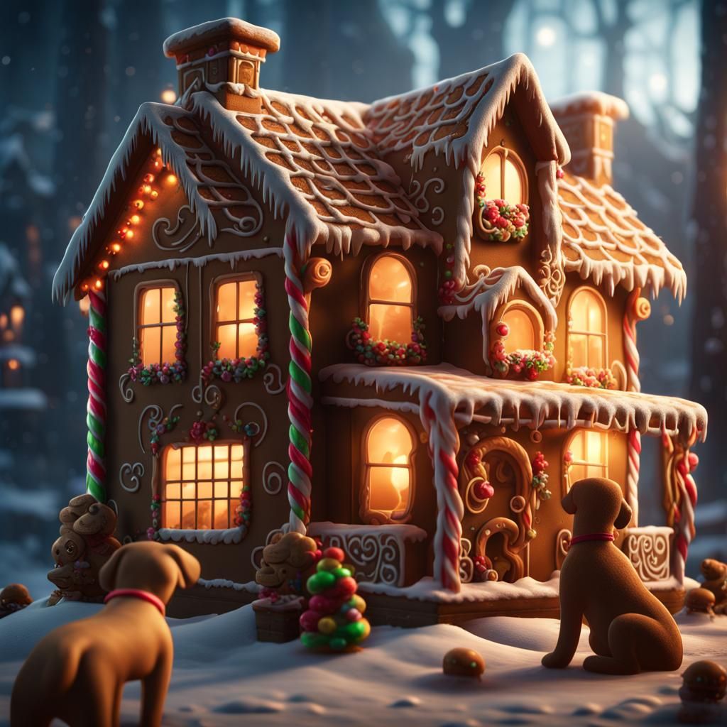 Gingerbread House with Gingerbread Man and Dog