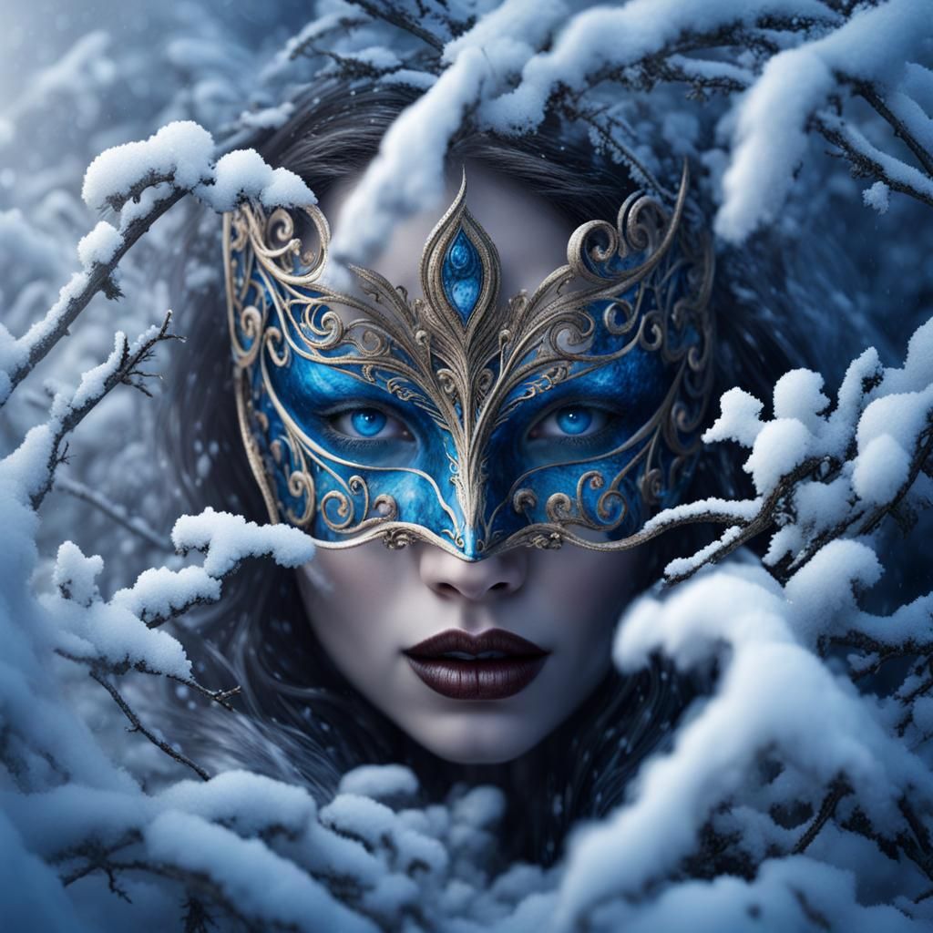 Blue-Eyed Mask in Winter Blizzard: Surreal Fantasy