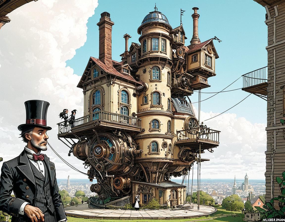 Steampunk Couple Visit Rotating House in 3D