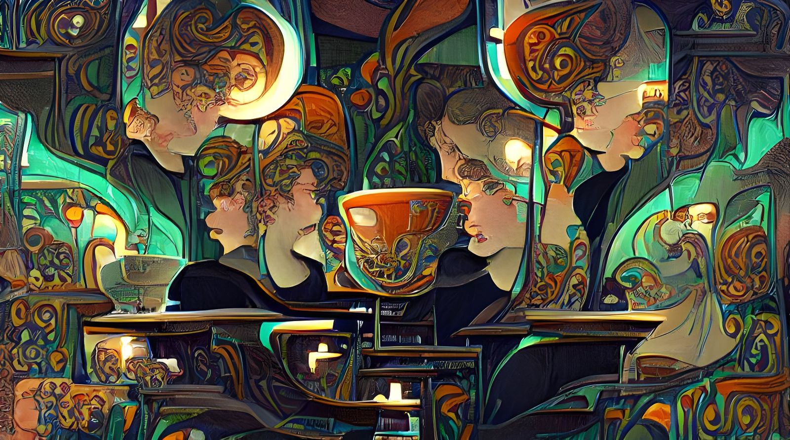 Symmetrical Cafe Scene in Art Nouveau Style