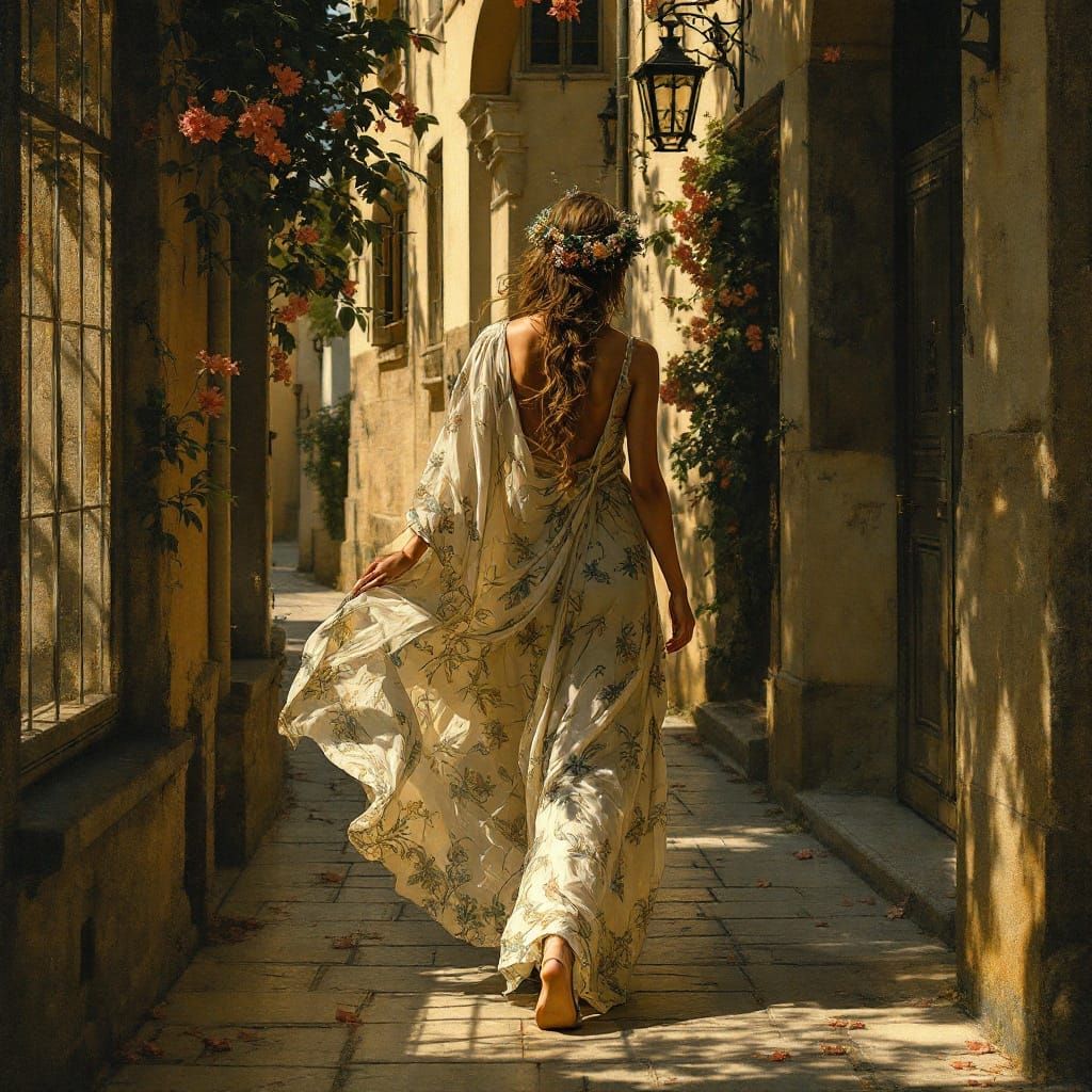 Renaissance Woman on Quiet Street in Tempera