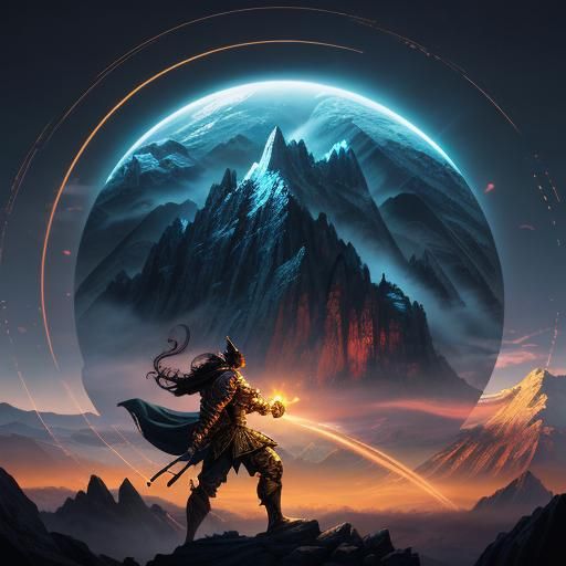 Warrior with Crystal Orb Sunset Oil Painting