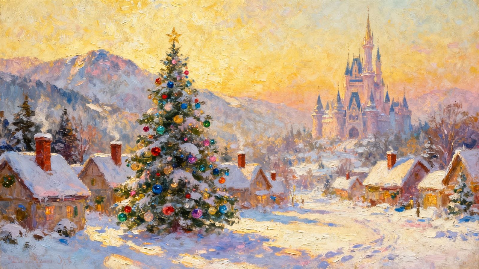 Enchanting Snowy Christmas Village Oil Painting