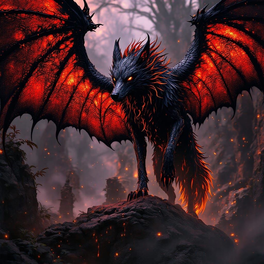 Majestic Black and Red Winged Wolf with Dragon Scales