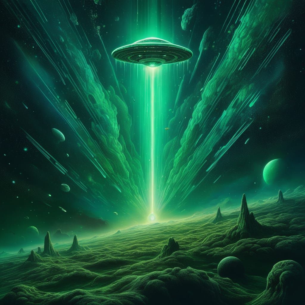 Green Cosmic Nebula with Alien Spaceship in Amaringo Style