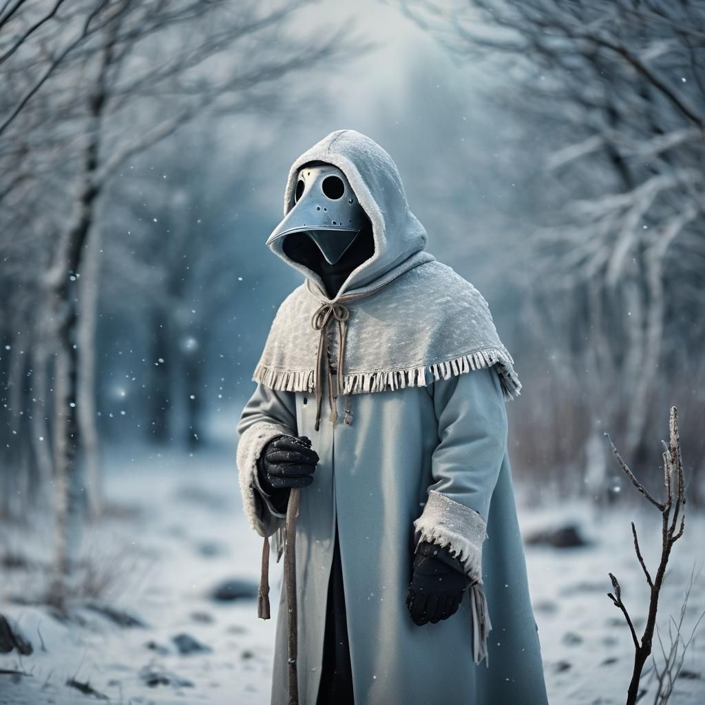 Surreal Plague Doctor in Arctic Winter Landscape