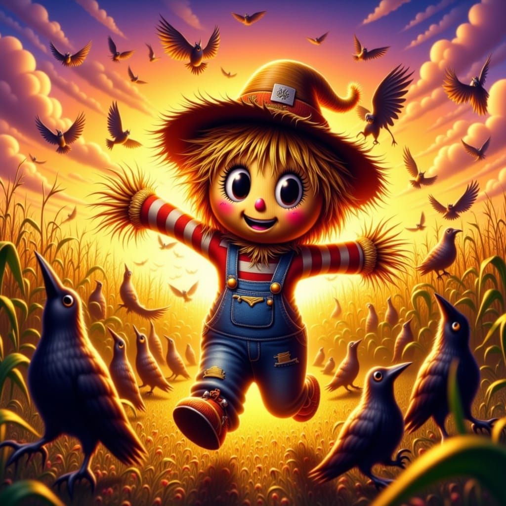 Kawaii Scarecrow Fleeing Crows at Sunset
