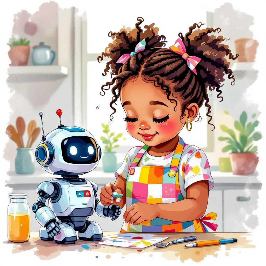 Girl Tinkering with Robot Sommelier in Watercolor Style