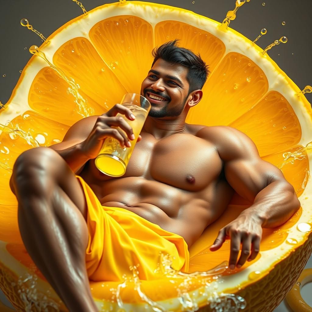 Muscular Man Lounging in Giant Lemon: Hyperrealistic Art