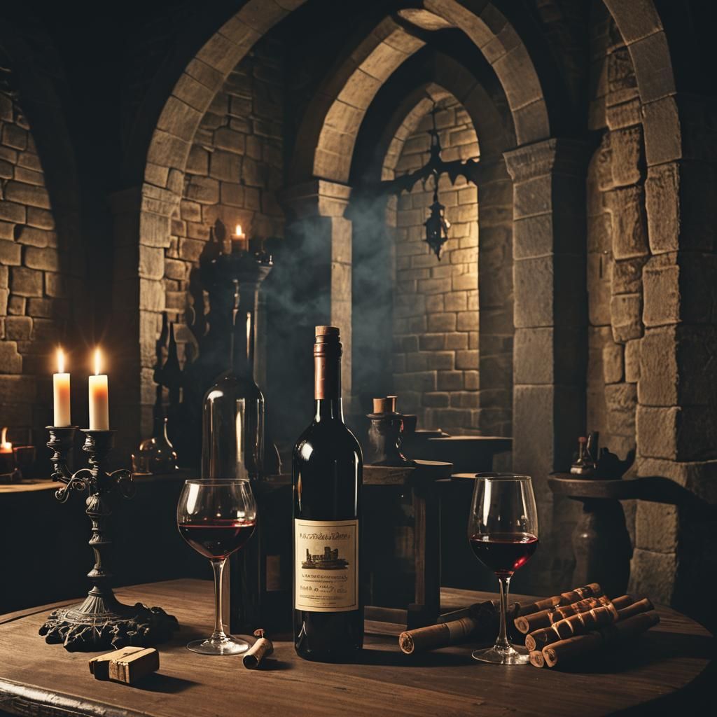 Dark Fantasy Wine Still Life in Photorealistic Anime Style