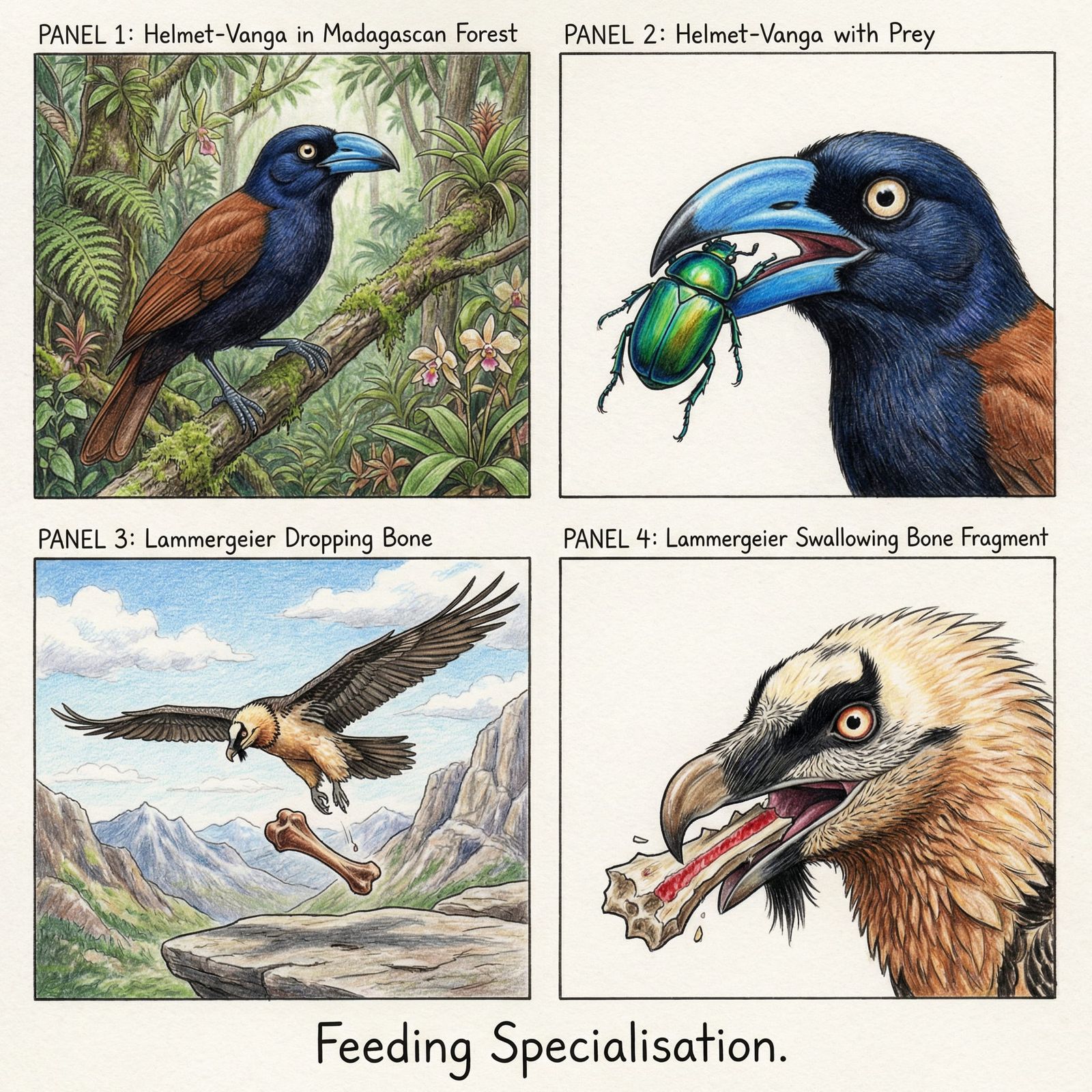 Madagascar Bird and Vulture Feeding Illustration