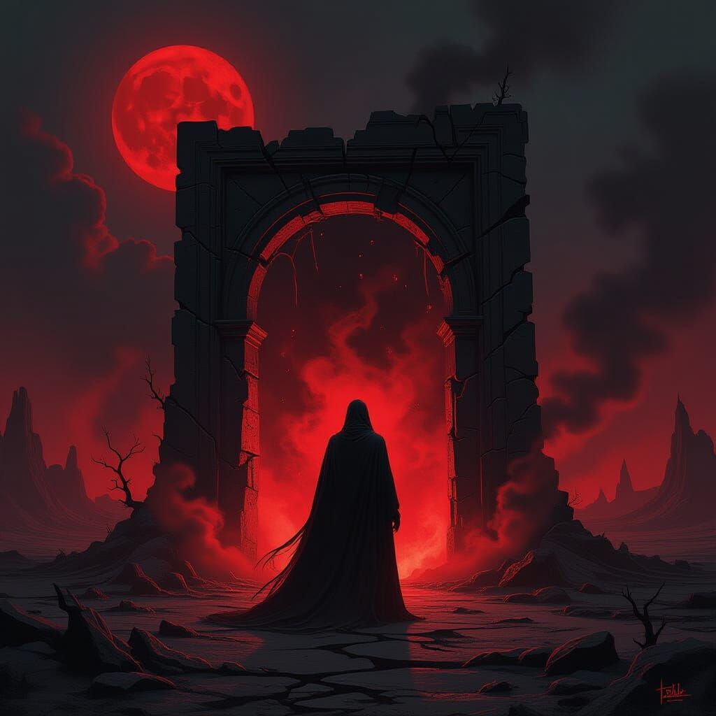 Ethereal Figure at Obsidian Portal in Dark Fantasy