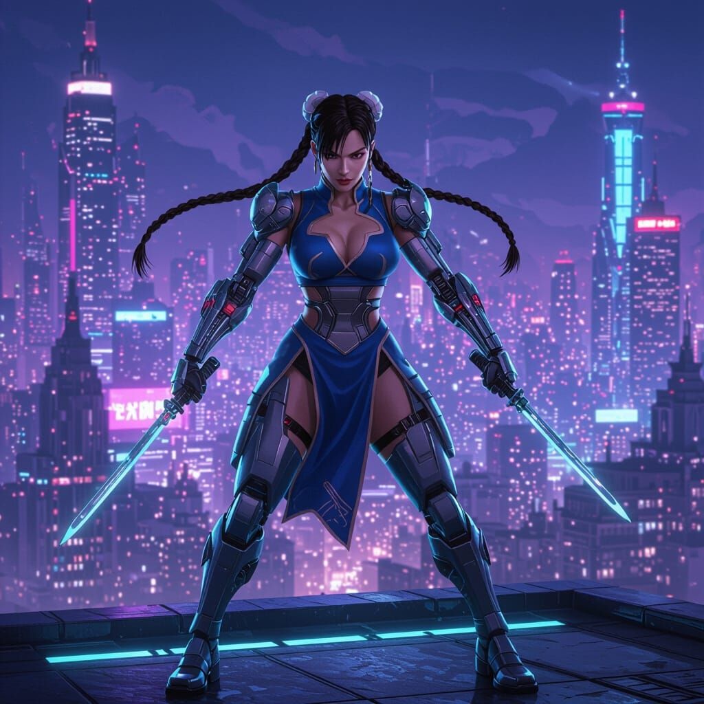 Cybernetic Warrior Poses on Neon Rooftop