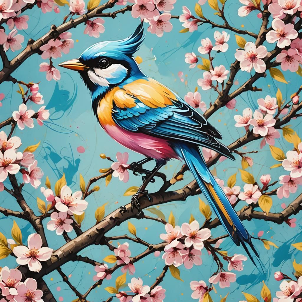 Graffiti Bird on Cherry Blossom Tree