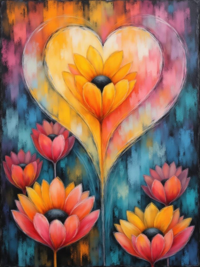 Heart Flowers Bloom with Love in Chalk Style