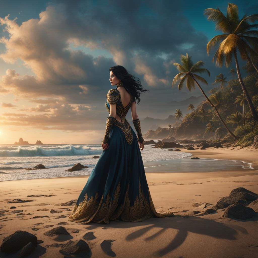 Black-Haired Girl on Beach: Fantasy Concept Art