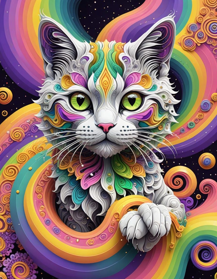 Cute Frosty Cat in Vibrant Fractal Patterns 3D Spiral Swirls