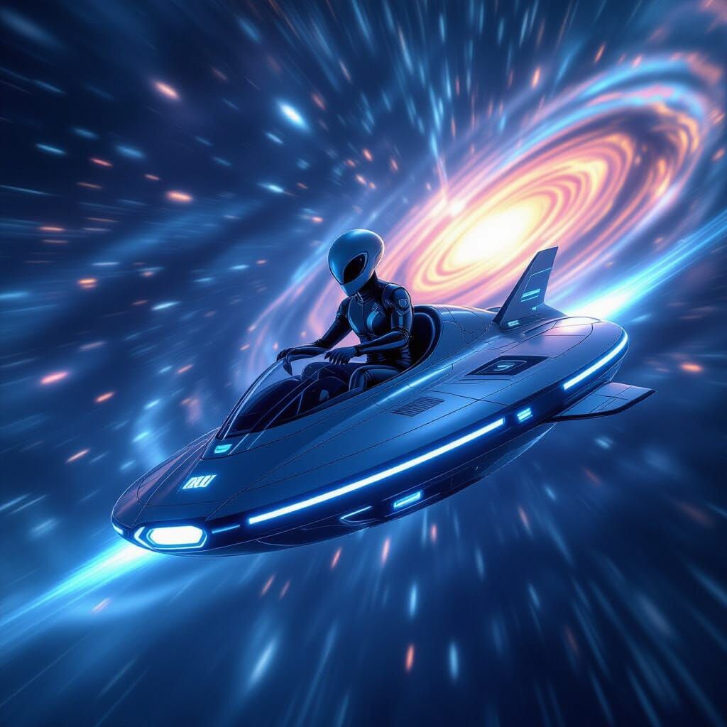 Grey Alien Flies Saucer Through Spatial Time Rift