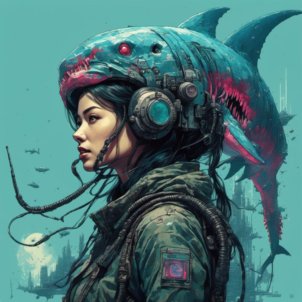 Cyberpunk Megalodon Girl in Futuristic Triton Colony