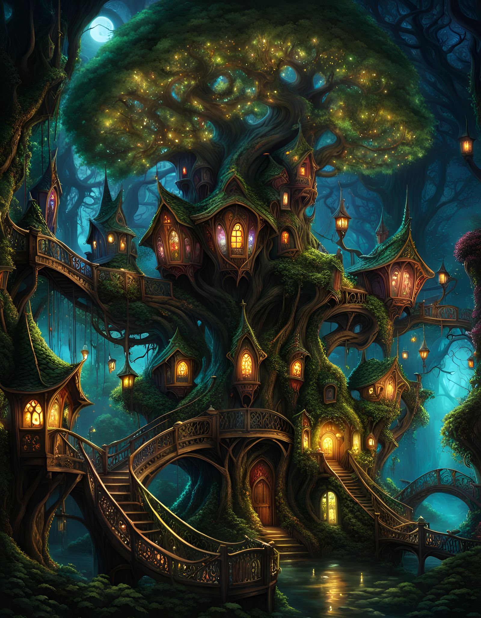 Dark Fantasy Tree City: Elven Village at Night