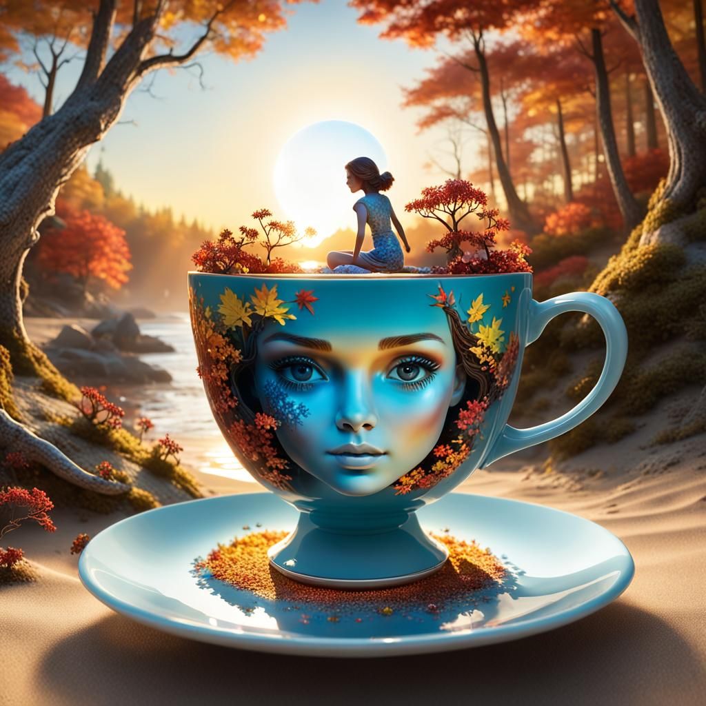 Magical Teacup Bobble with Autumn Beach Scene