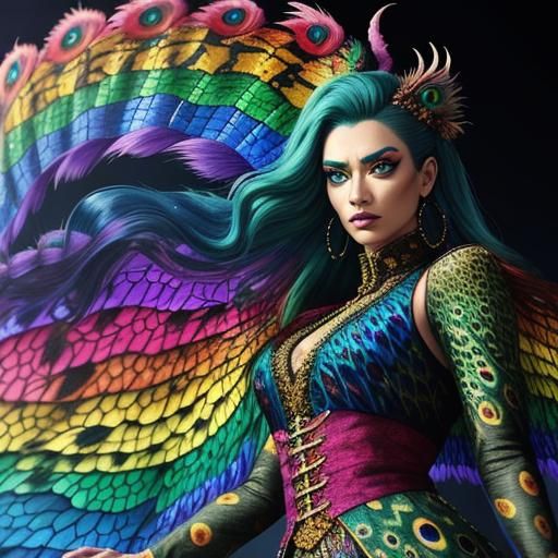 Woman with Rainbow Scales and Peacock Hair
