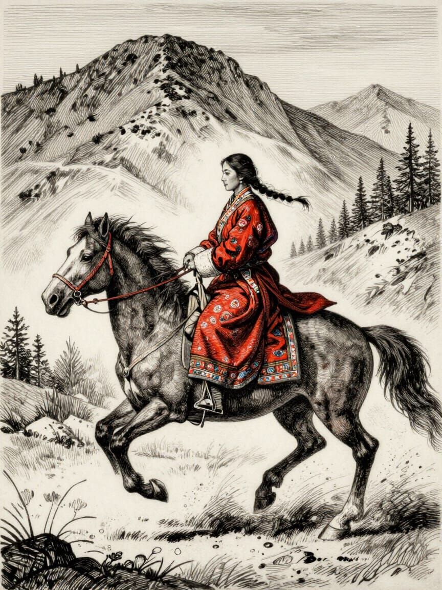 Tibetan Woman Rides Horse in Dramatic Mountain Landscape