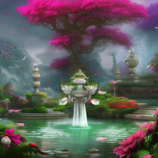 Fantastical Garden with Lion Fountain: Digital Art