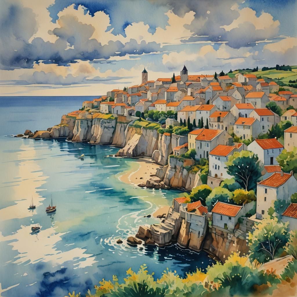 Picturesque Greek Village in Gouache Watercolor Style