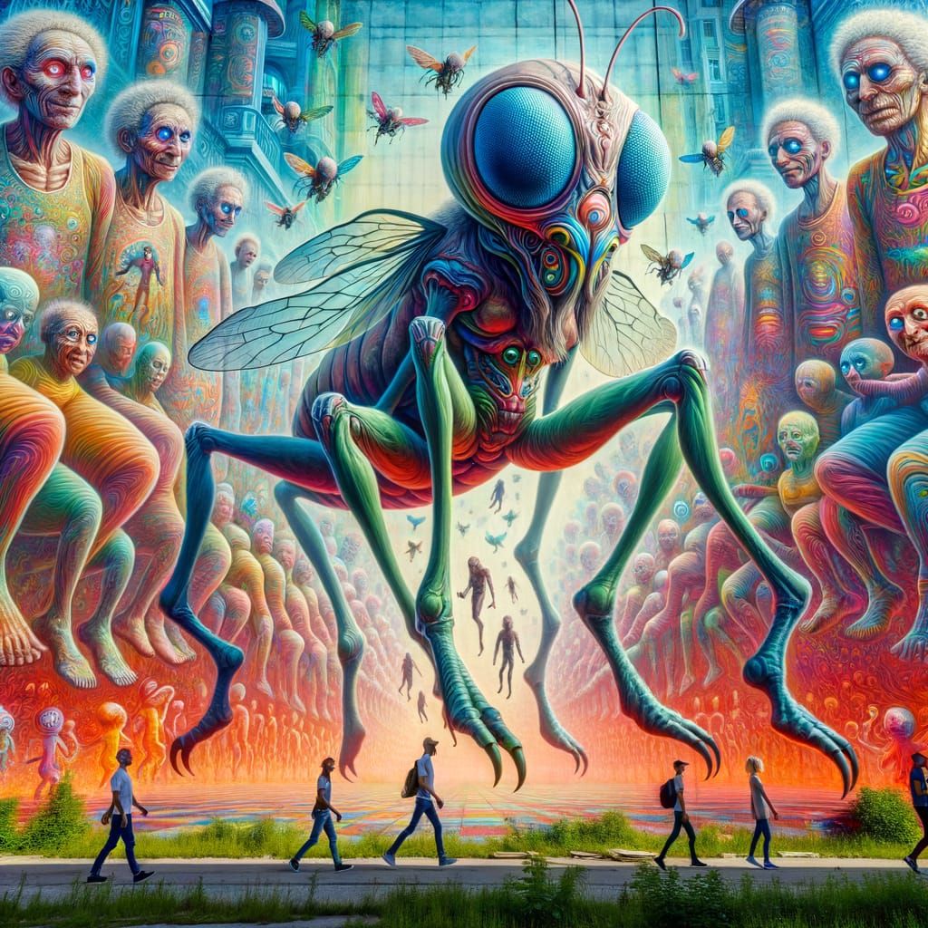 Psychedelic Alien Insect Creature in Surreal Scene