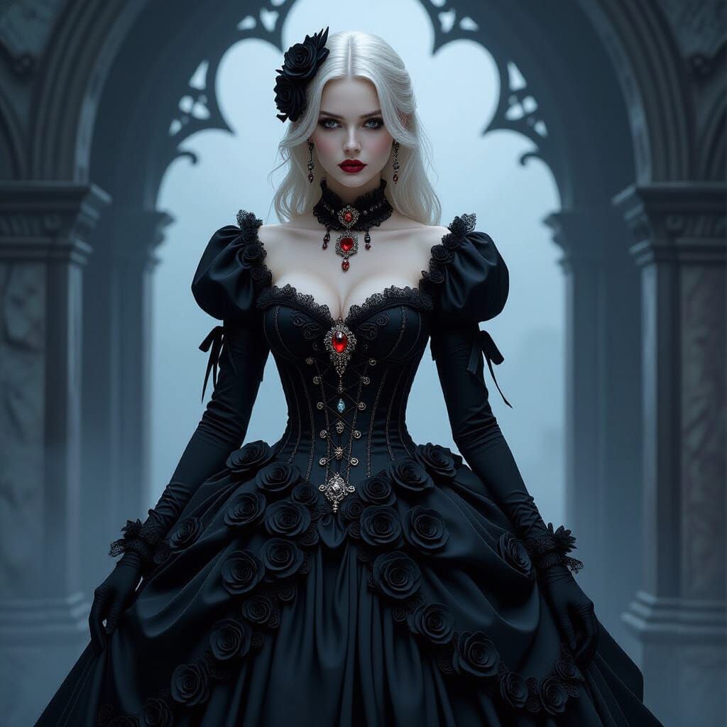 Gothic Elegance: Woman in Black Rose Dress