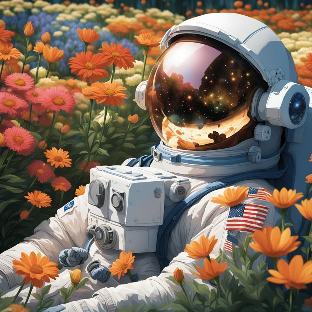 Astronaut in Flower Garden Reflecting the Universe