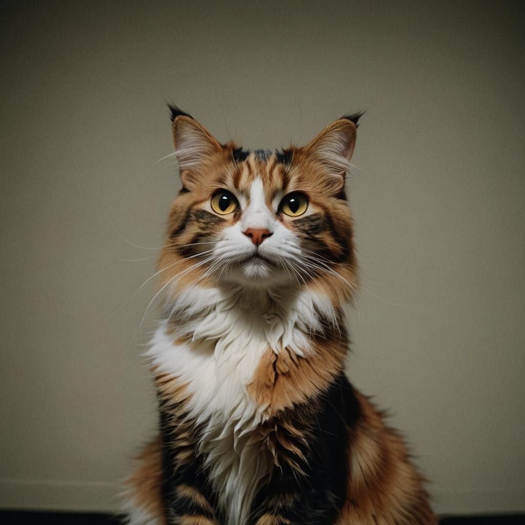 Calico Cat in Darkened Room: Cinematic Film Still