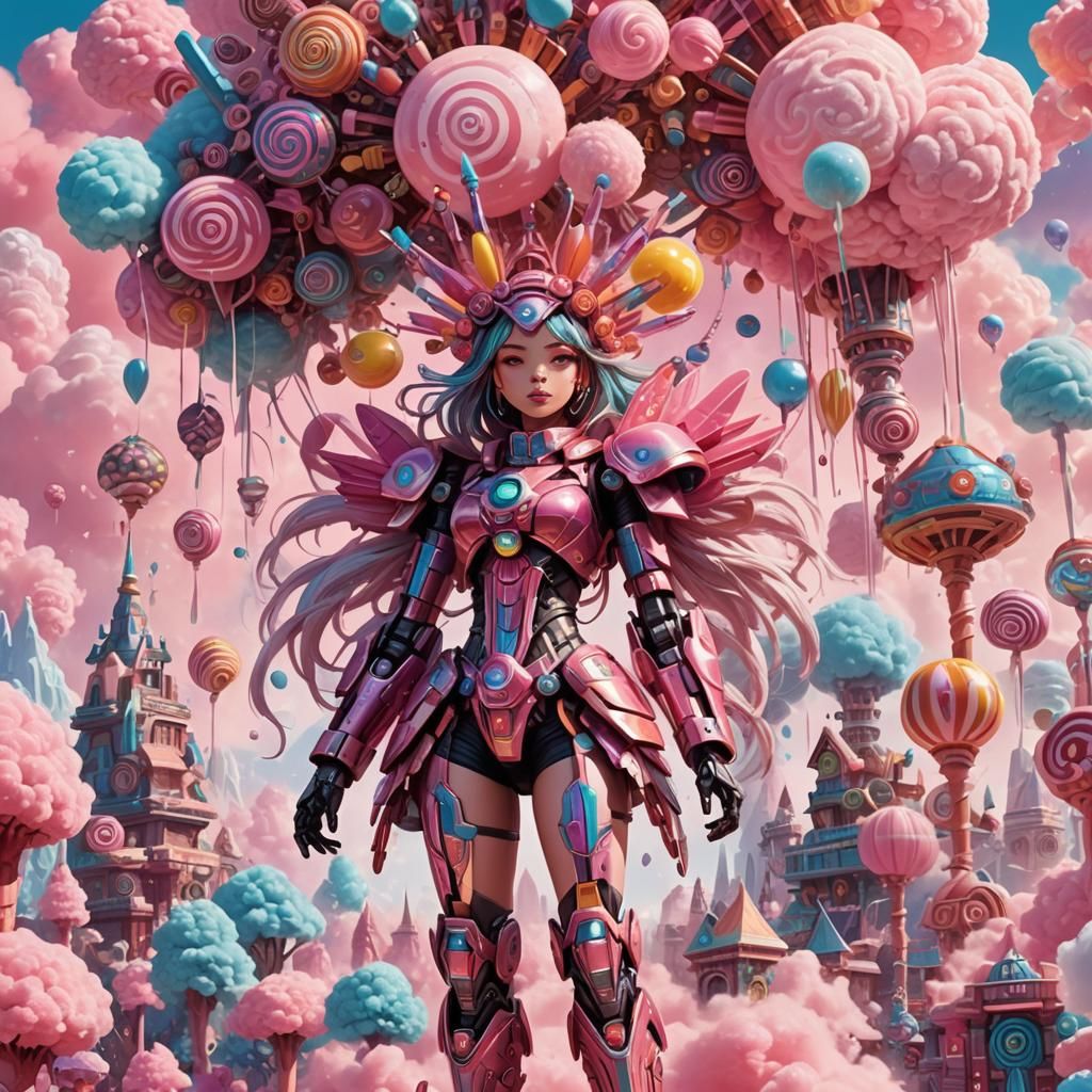 Candy Mecha Girl in Whimsical Candyland Dreamscape