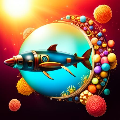 Illuminated Steampunk Submarine in Coral Reef